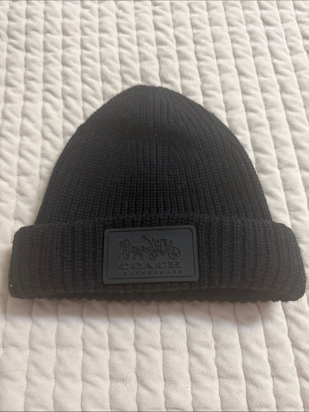 Coach Black Ribbed Knit Cuff Beanie with Logo Patch